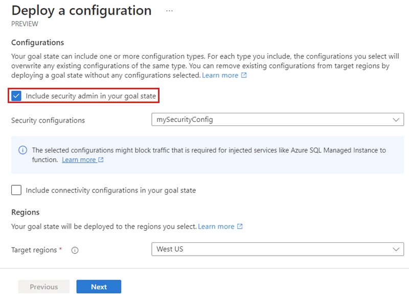 Capture d’écran montrant le déploiement d’une configuration de sécurité.