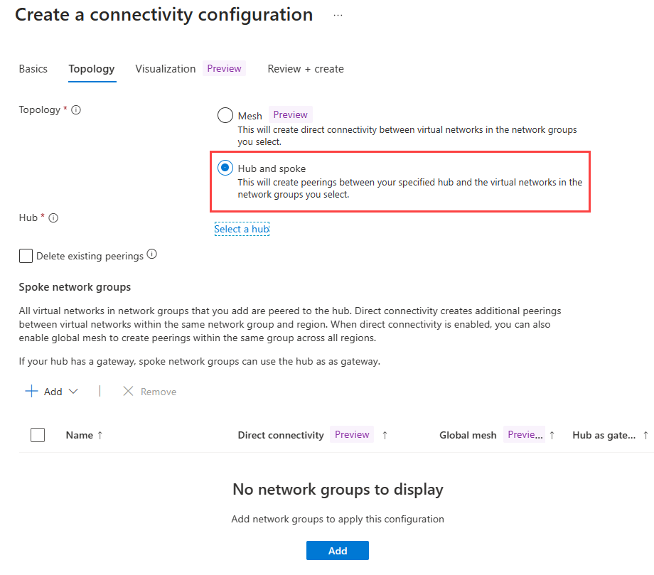 Capture d’écran montrant la sélection d’un hub pour la configuration de la connectivité.