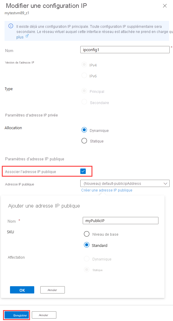 Capture d’écran montrant comment sélectionner, créer et associer une nouvelle adresse IP publique.