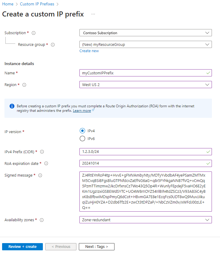 Capture d’écran de la création d’une page de préfixes d’adresses IP personnalisée dans le portail Azure.