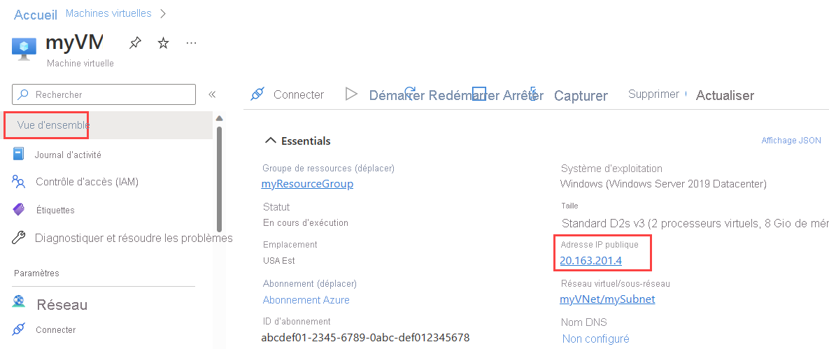 Capture d’écran de la page Vue d’ensemble d’une machine virtuelle montrant l’adresse IP publique.