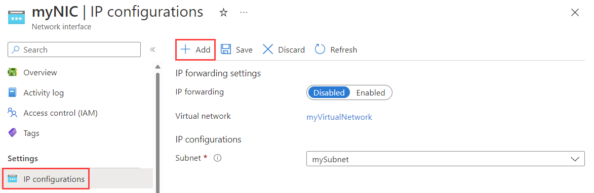 Capture d’écran de la page de configuration IP dans le Portail Azure.