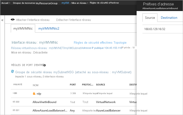 Capture d’écran affichant les préfixes d’adresse pour AllowAzureLoadBalancerInbound saisi.