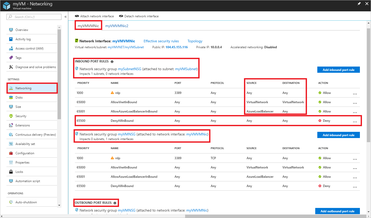 Capture d’écran représentant les paramètres de mise en réseau de ma carte réseau V M V M dans le Portail Azure.