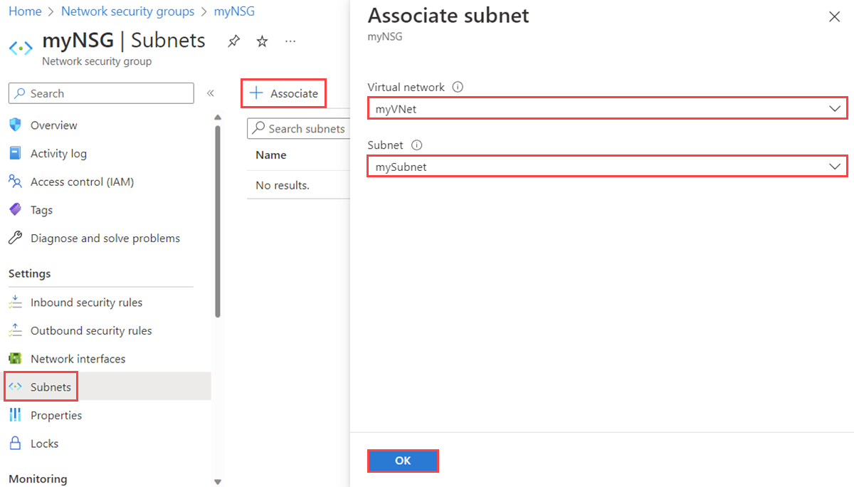 Capture d’écran montrant l’association d’un groupe de sécurité réseau à un sous-réseau dans le portail Azure.