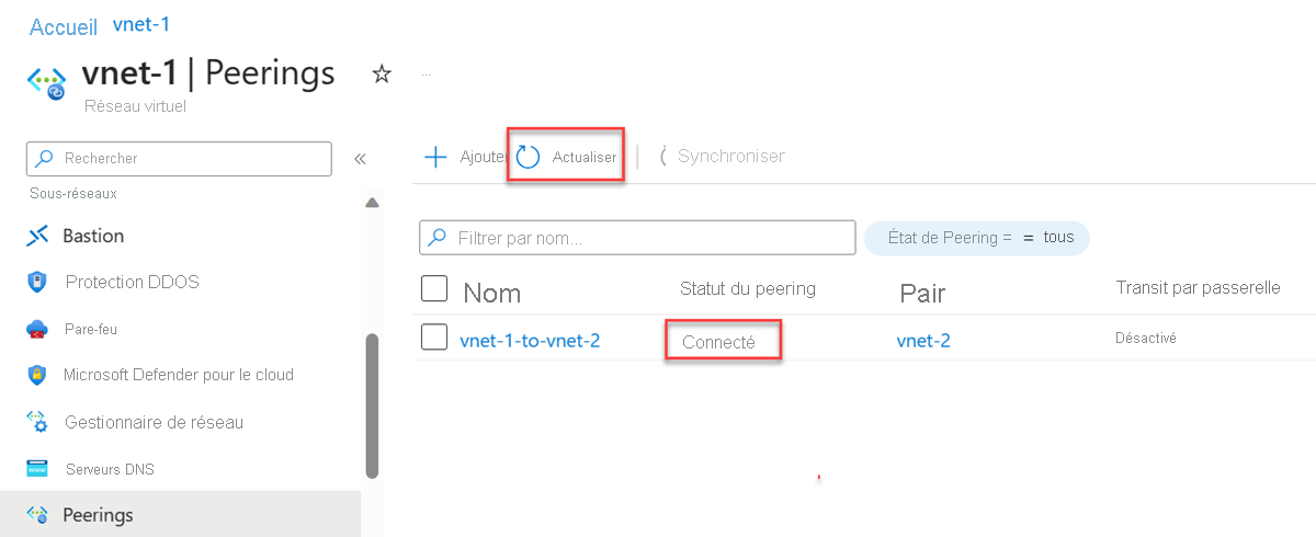 Capture d’écran de l’état de peering de réseau virtuel sur la page des peerings.