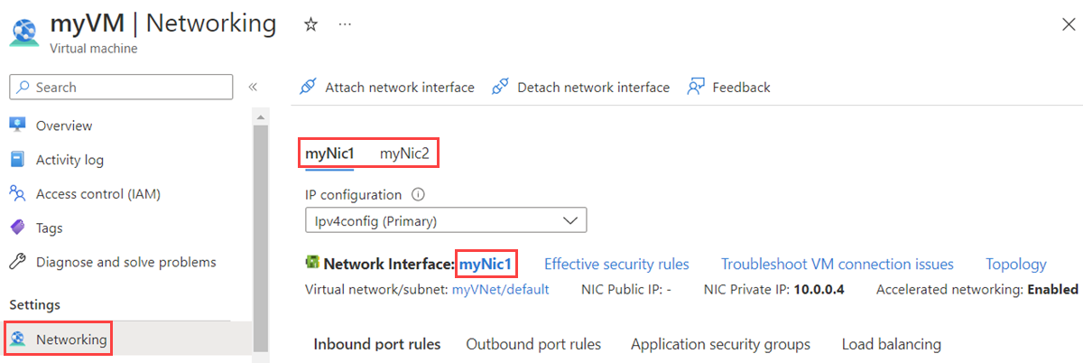 Capture d’écran de l’interface réseau attachée à une machine virtuelle dans le portail Azure.