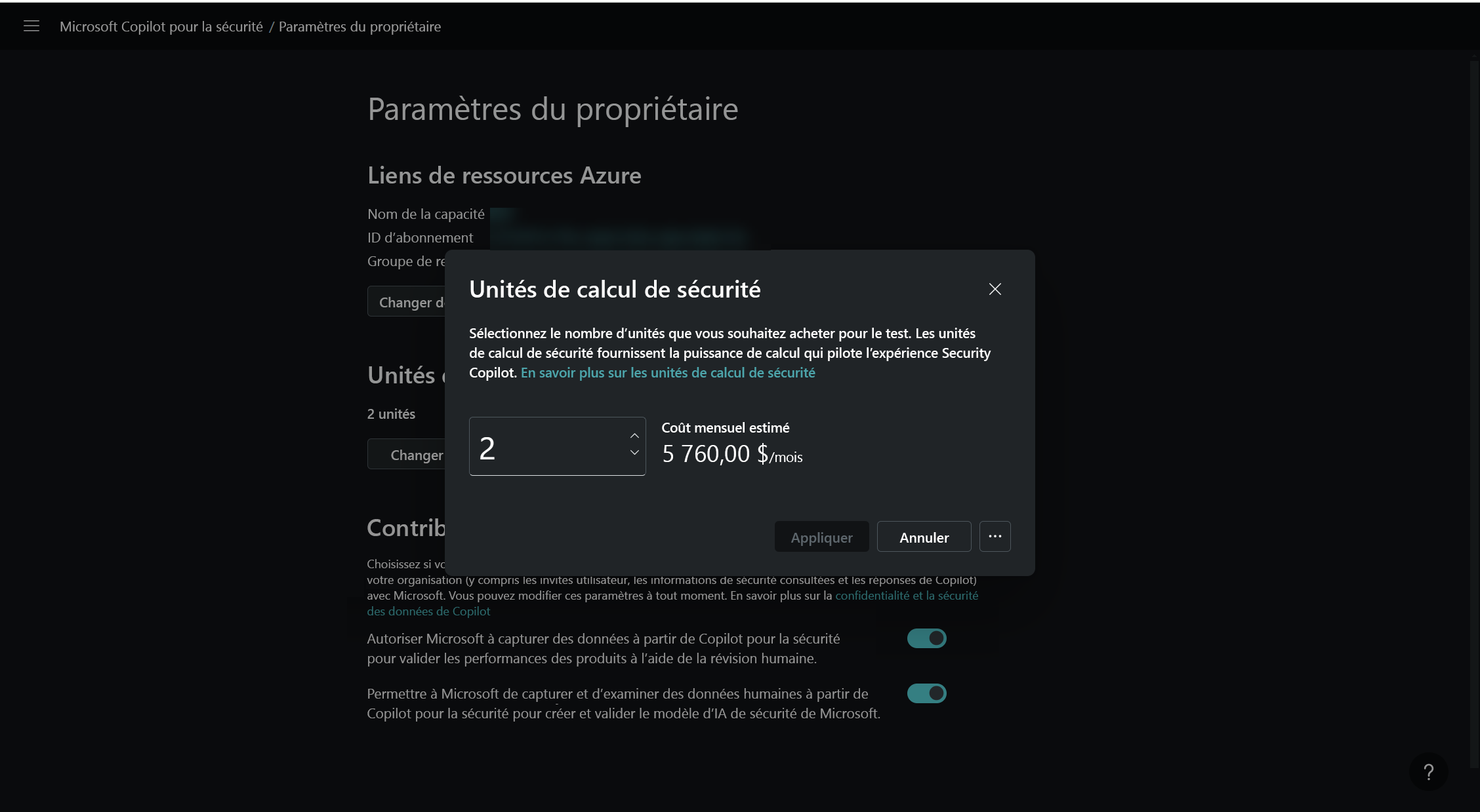 Capture d'écran du propriétaire des unités de calcul de sécurité calculées.