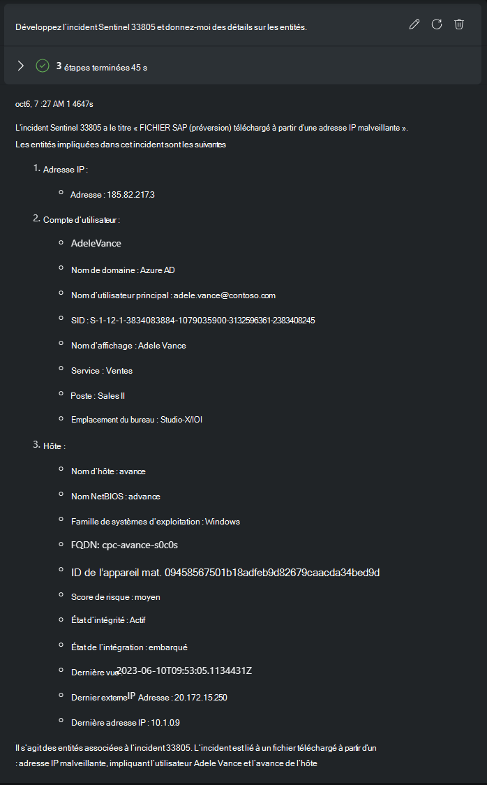 Capture d’écran montrant Microsoft Sentinel résumé de l’incident.