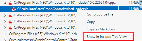 Capture d’écran d’un clic droit sur un fichier dans l’affichage Fichiers inclus. L’option de menu Afficher dans Arborescence Include est mise en surbrillance.