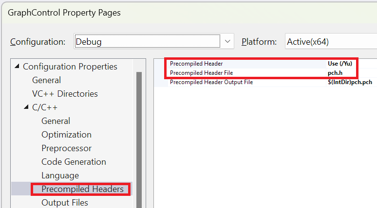 Capture d’écran de la boîte de dialogue des propriétés du projet avec les paramètres d’en-têtes précompilés ouverts.
