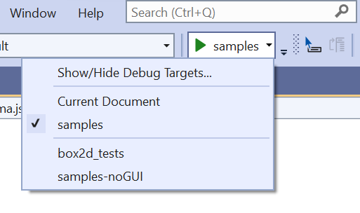 Capture d’écran de la liste déroulante de débogage de Visual Studio.