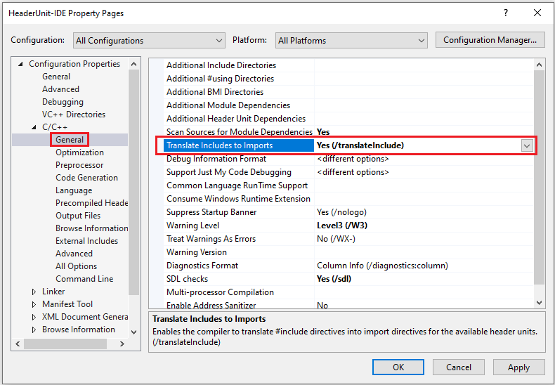 Capture d’écran de la boîte de dialogue Pages de propriétés avec la propriété Translate Includes to Imports mise en surbrillance.