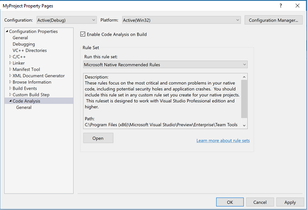 Property page for Code Analysis General settings.