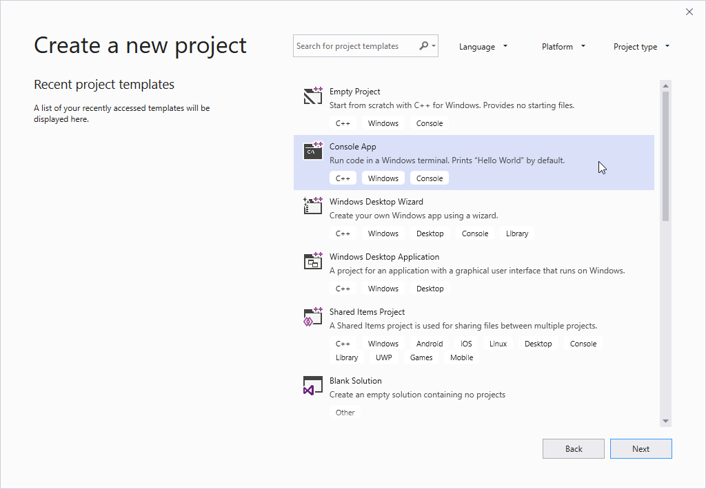 Capture d’écran de la boîte de dialogue Créer un projet visual Studio. L’option modèle d’application console est mise en surbrillance.