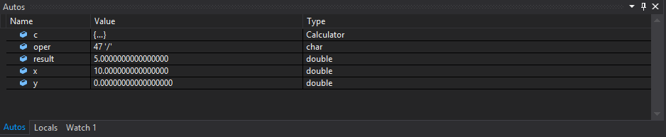 Capture d’écran de la fenêtre Autos du débogueur Visual Studio.