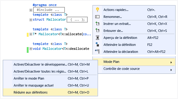 Screenshot of the outlining window shows the body of classes collapsed. Options for Collapse to Definitions, Toggle All Outlining, etc. are visible.