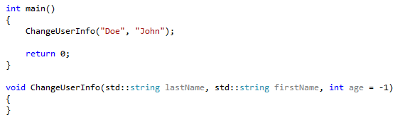 Capture d’écran de la modification résultante. Les paramètres de ChangeUserInfo() sont maintenant : std::string lastName, std::string firstname, int age = -1).