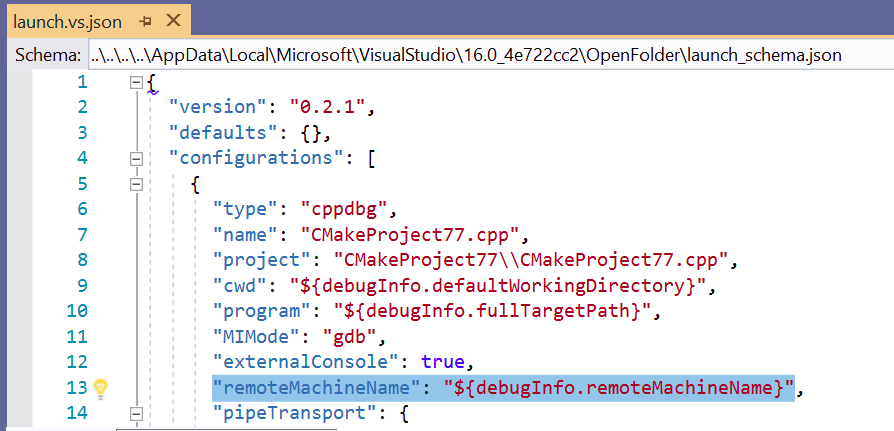 Machine de débogage distante CMake spécifiée dans le fichier launch_schema.json. Le nom de la machine distante est ${debugInfo . remoteMachineName}