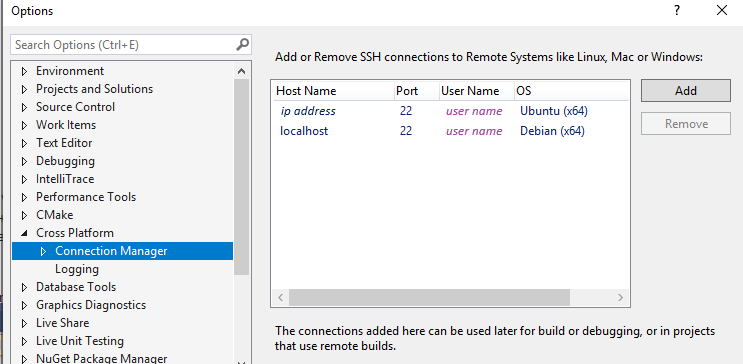 Capture d’écran montrant la boîte de dialogue Options avec l’option Multiplateforme > Gestionnaire des connexions sélectionnée.