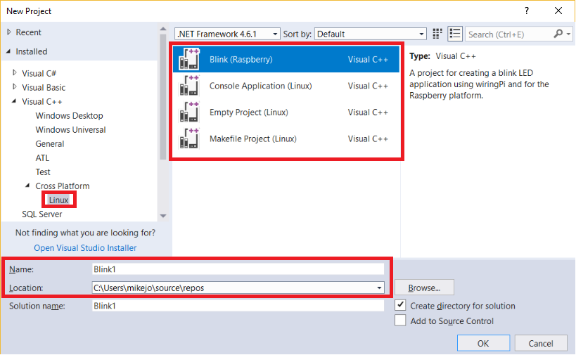 Boîte de dialogue Nouveau projet avec Visual C++ > Multiplateforme > Linux sélectionné, et l’ensemble des types de projets et zones de texte Nom et Emplacement en évidence.