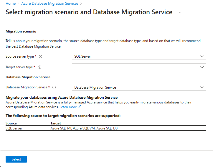 Capture d’écran montrant les scénarios de migration de Database Migration Service.