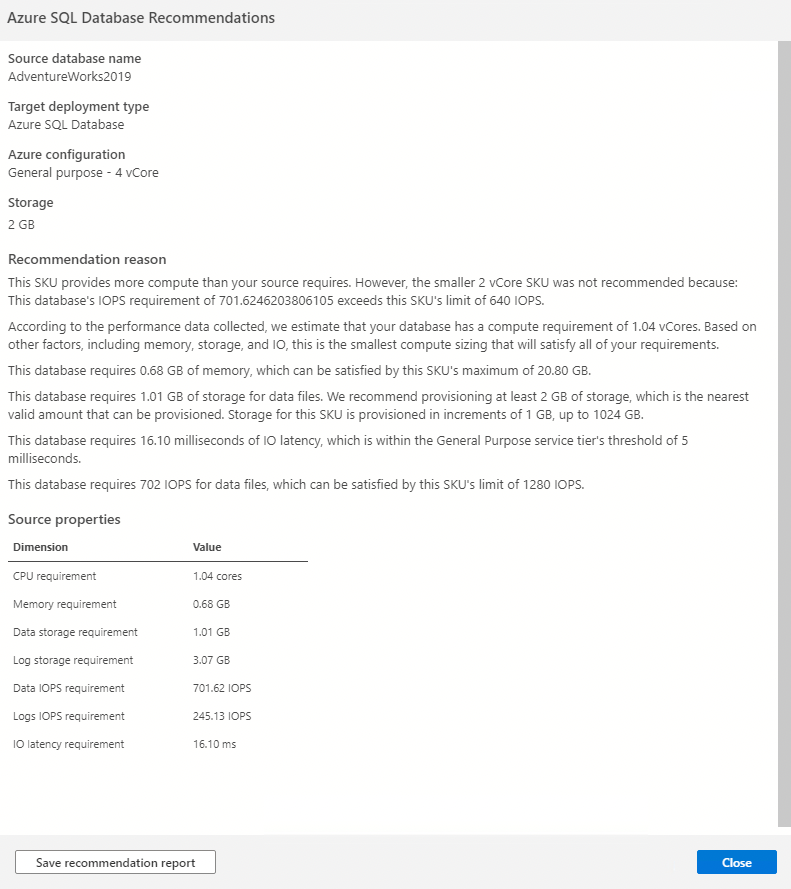 Capture d’écran montrant les détails de la recommandation de référence SKU.