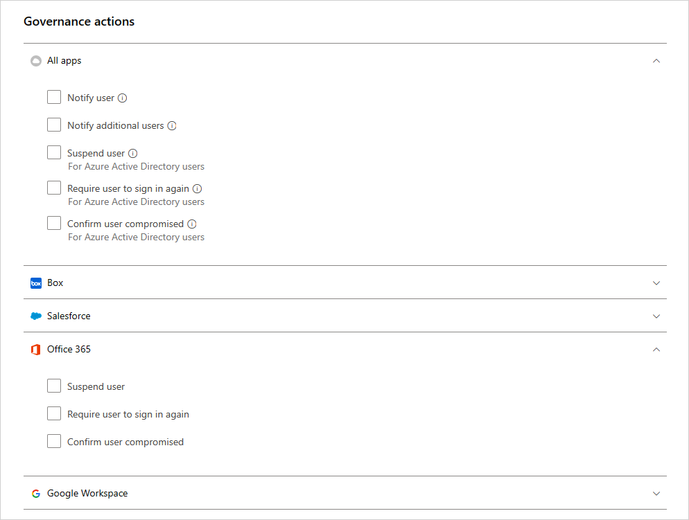 Actions de stratégie de gouvernance de Defender pour Cloud Apps.