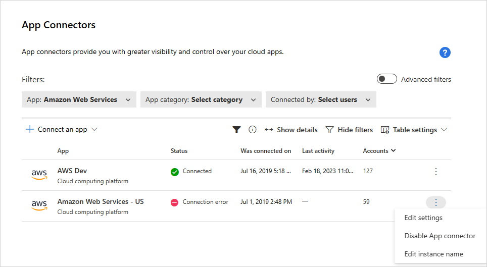 Capture d'écran de la page Applications connectées, montrant le lien Modifier l'audit de sécurité.