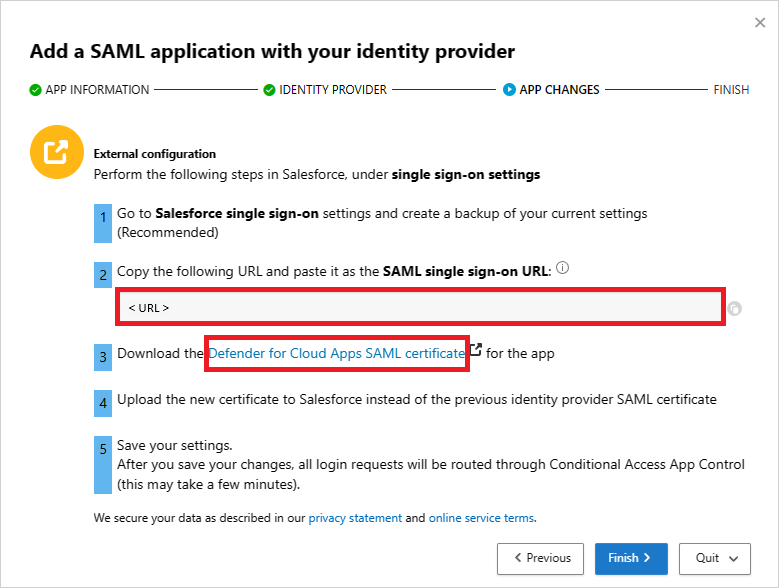 Notez l’URL d’authentification unique SAML de Defender for Cloud Apps et téléchargez le certificat.