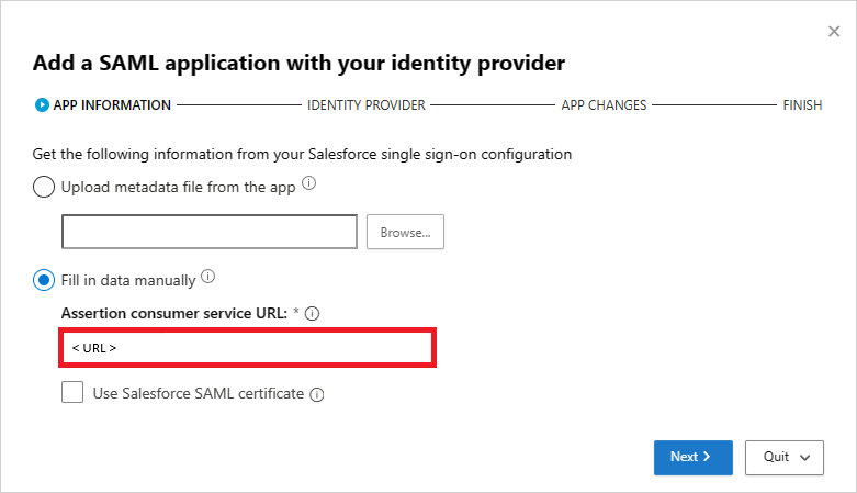 Renseignez manuellement les informations Salesforce SAML.