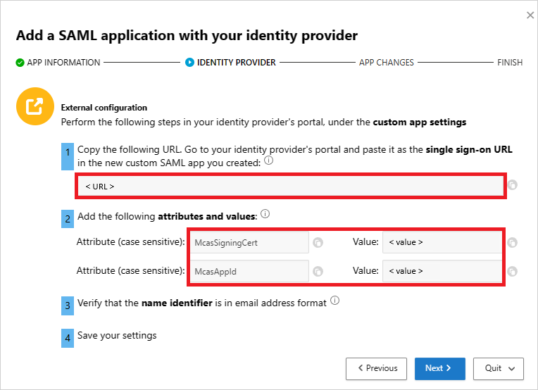 Dans Defender for Cloud Apps, notez l’URL et les attributs d’authentification unique.