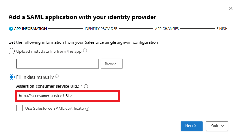 Renseignez manuellement les informations Salesforce SAML.