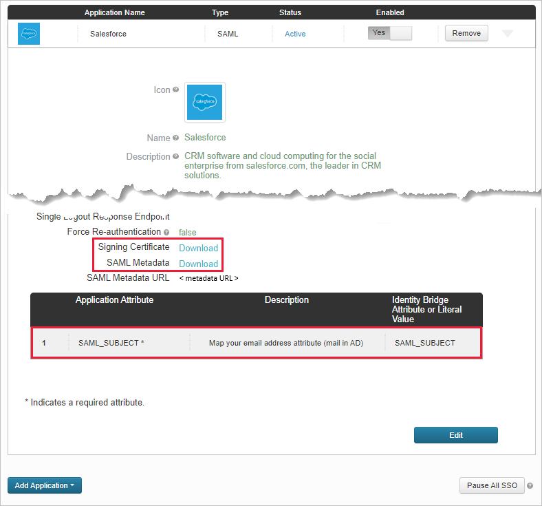 Notez les attributs de l’application Salesforce existants.