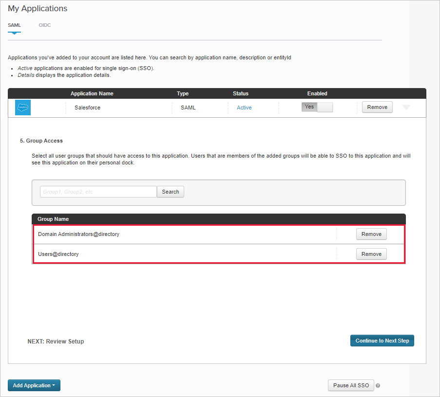 Notez les groupes attribués de l’application Salesforce existants.