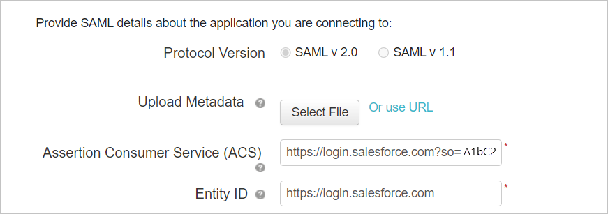 Configurez l’application personnalisée avec les détails de Salesforce SAML.