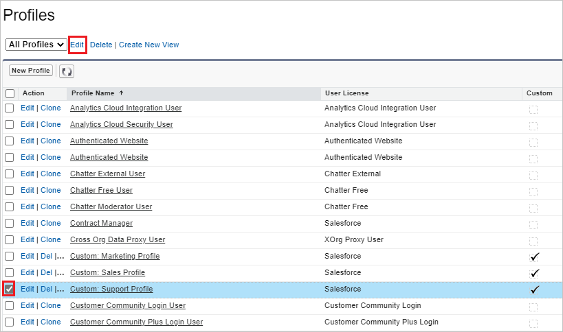 Modifiez le profil dans Salesforce.