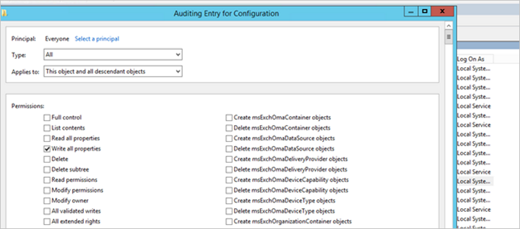 Capture d’écran des paramètres d’audit du conteneur de configuration.