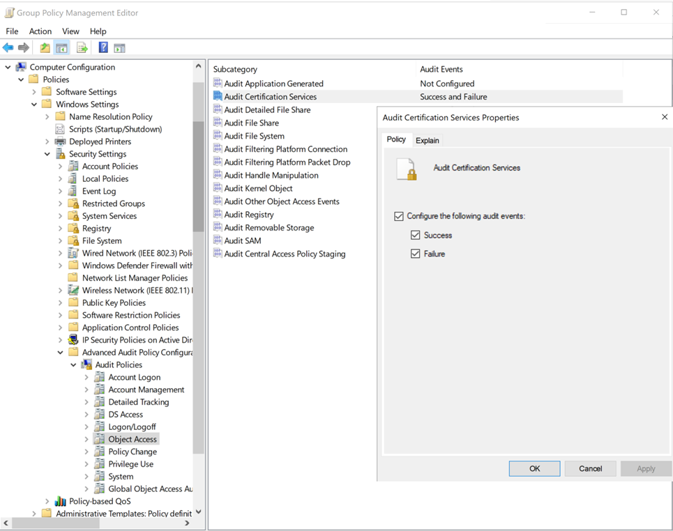 Capture d’écran de la configuration des événements d’audit pour les services de certificats Active Directory dans l’Éditeur de gestion des stratégies de groupe.