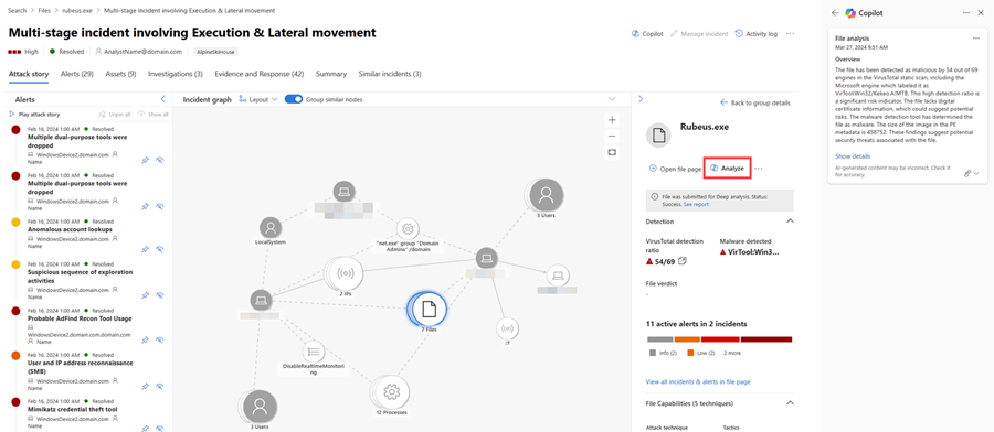 Capture d’écran de la page d’incident avec le bouton Analyse de fichier mis en évidence.