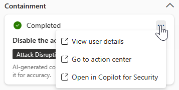 Capture d’écran montrant les options disponibles pour les utilisateurs dans une réponse d’automatisation carte dans le volet Copilot dans Microsoft Defender XDR.