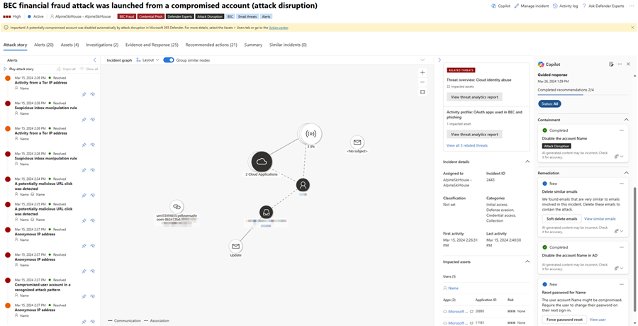 Capture d’écran montrant le volet Copilot avec les réponses guidées dans la page d’incident Microsoft Defender.