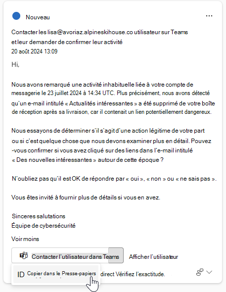 Capture d’écran montrant le texte suggéré pour la communication dans une réponse guidée carte.