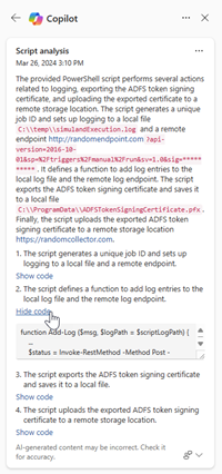 Capture d’écran montrant le volet Copilot avec les résultats de l’analyse de script dans la page d’incident Microsoft Defender XDR.