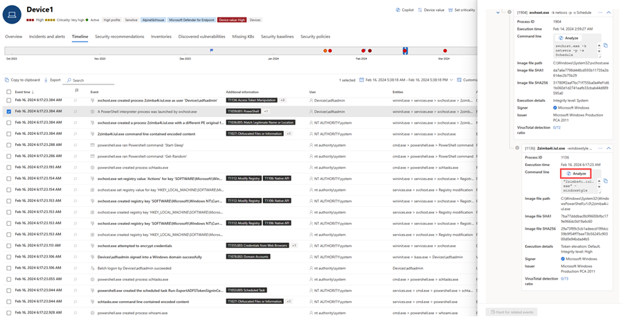 Capture d’écran montrant le bouton Analyser dans la chronologie de l’appareil.