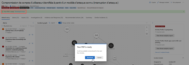 Capture d’écran mettant en évidence le message d’exportation et l’état lorsque le téléchargement est disponible.