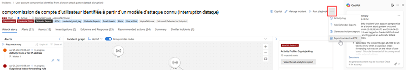 Capture d’écran mettant en évidence l’option d’exportation de l’incident au format PDF.