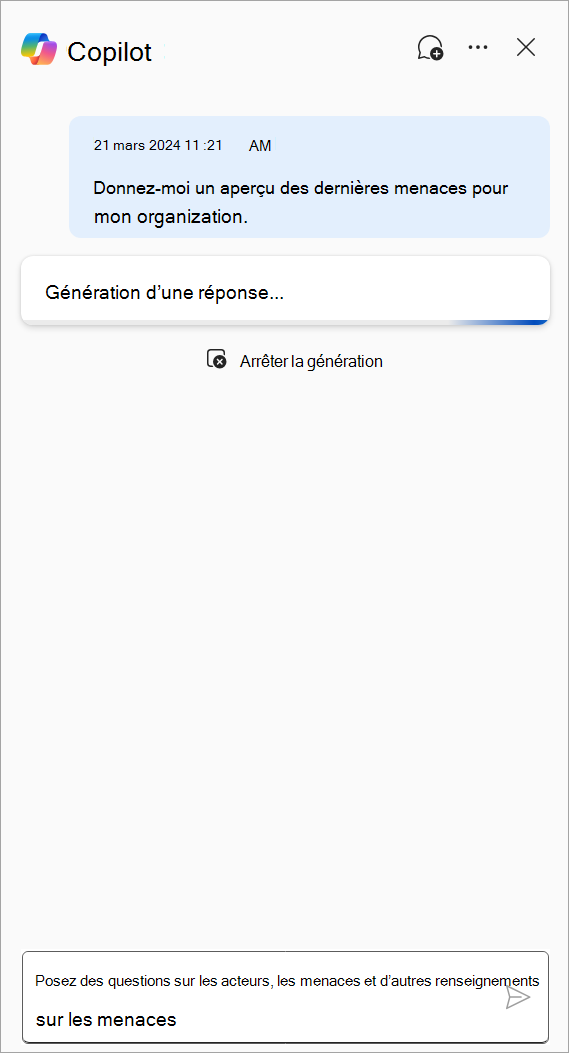 Capture d’écran montrant Copilot dans Defender générant une réponse à l’invite « Donnez-moi une vue d’ensemble des dernières menaces pour mon organization ».