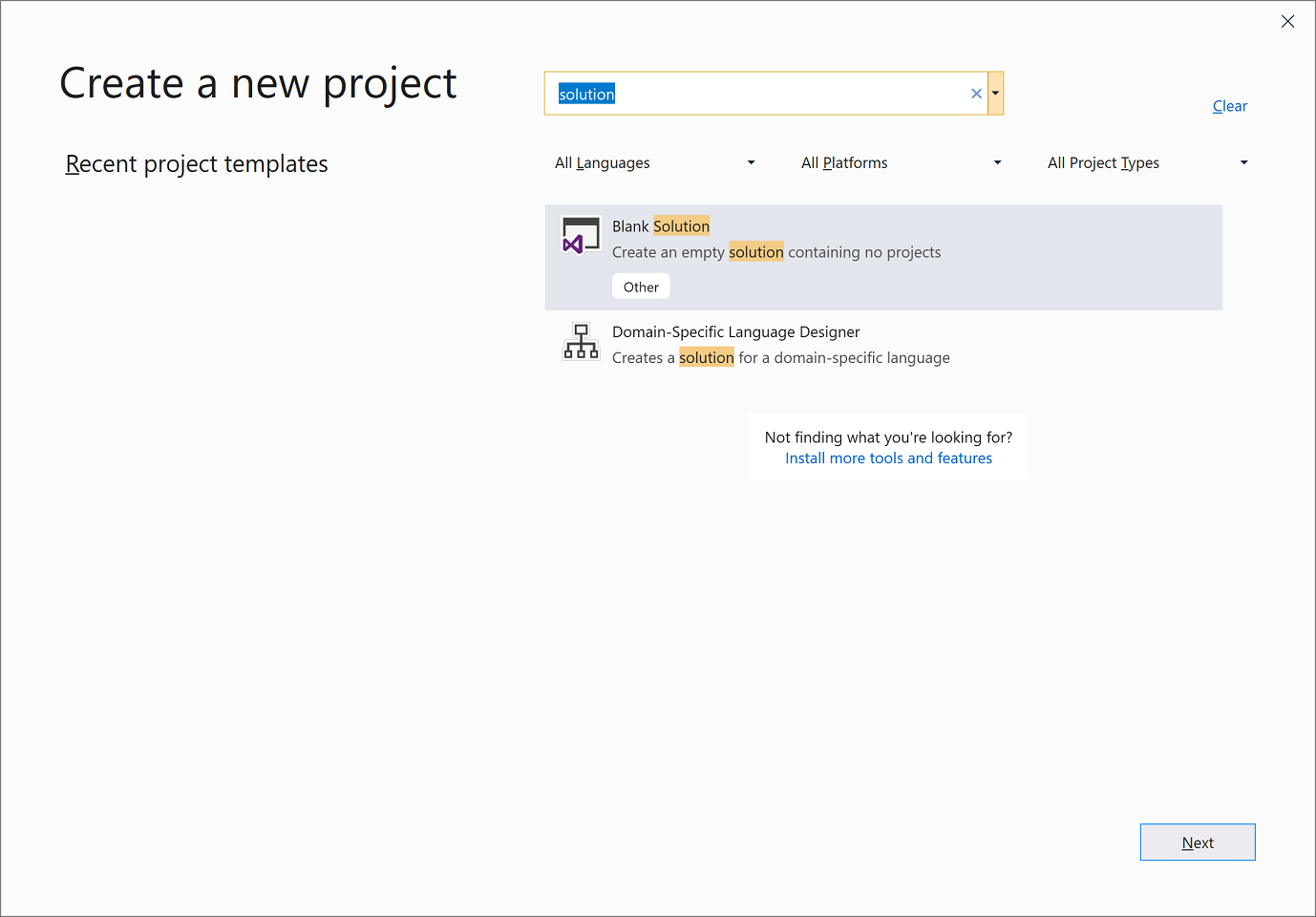 Blank solution template in Visual Studio