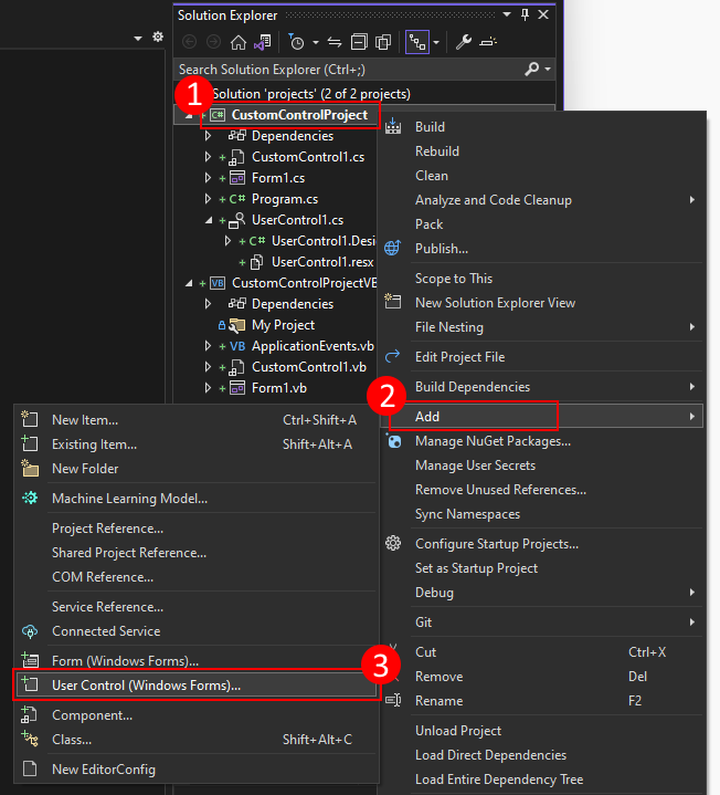 Cliquez avec le bouton droit sur l’Explorateur de solutions Visual Studio pour ajouter un contrôle utilisateur à un projet Windows Forms